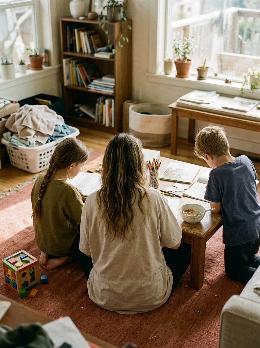 A mother and two children seen from behind, working at a coffee table on a terracotta rug, with a bookshelf and laundry basket nearby