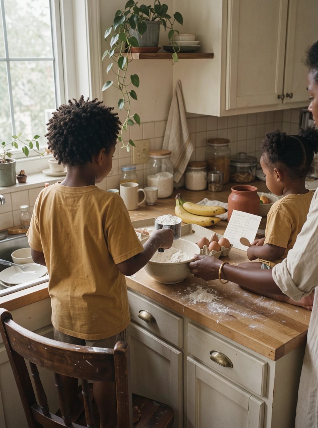 A boy standing on a chair at the kitchen counter measuring flour into a bowl while his mother steadies it and his little sister sits on the counter